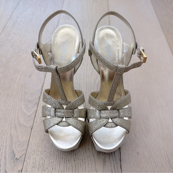 Saint Laurent Tribute Platform Stiletto Sandals: Metallic Gold Glitter Leather - Picture 3 of 16